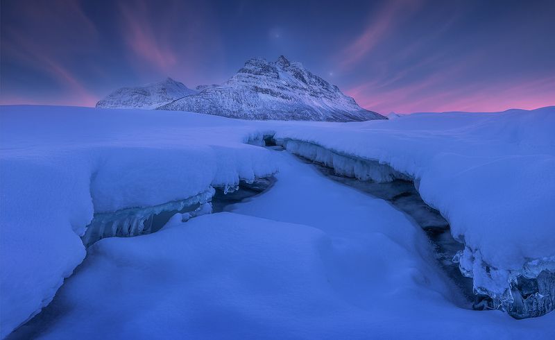 winter, norway, lofoten, snow, ice, blue, hour, mountain  skoddebergvatnet фото превью
