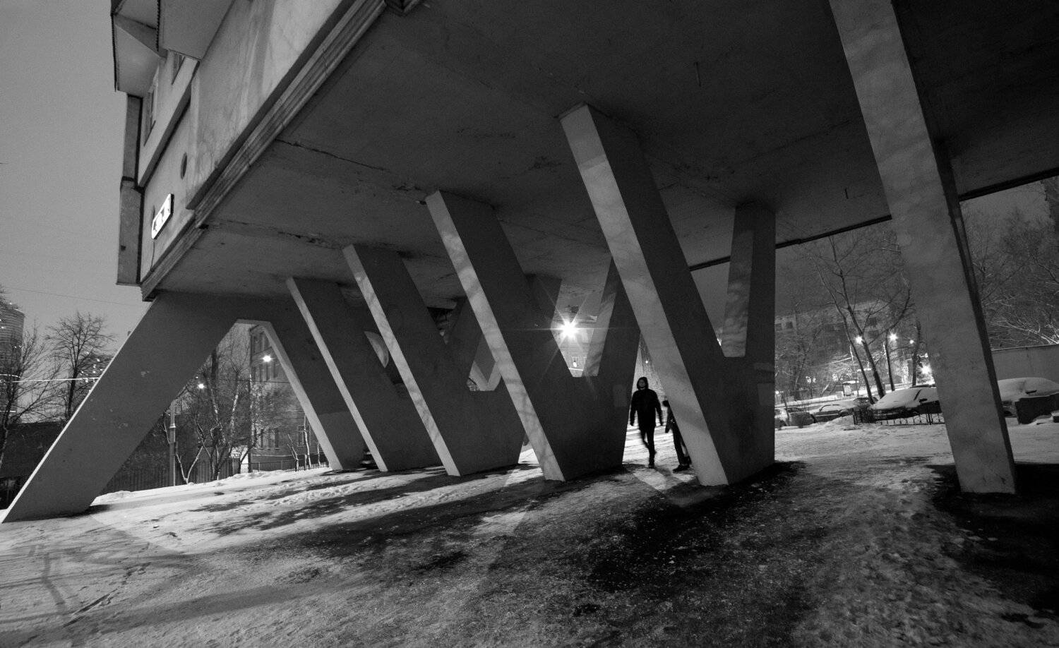 ночь, колонны, ножки, подпорки, люди, силуэты, снег, дом-сороконожка, Дмитрий Ткаченко