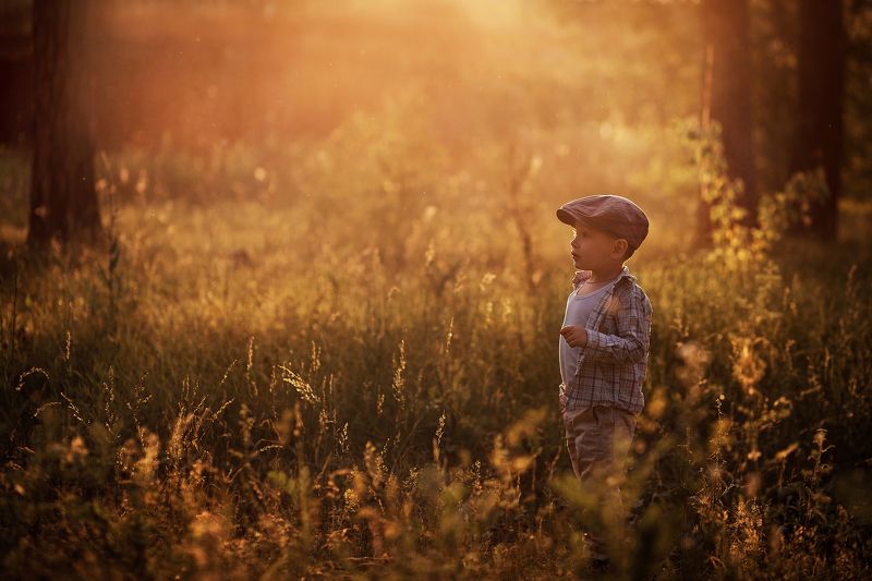 закат, вечер, свет, солнечный, лучи, мальчик, ребенок, малыш, детство, кепка, трава, зелень, лес, природа, парк, прогулка На закате. фото превью