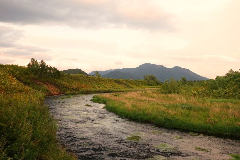 evening, summer, river, grass, mountains, kamchatka, landscape, nature, water Summer evening фото превью