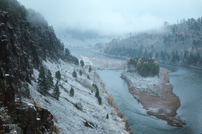 россия, иркутская область, нижнеудинск, водопад, тайга, рассвет, природа, пейзаж, снег, река, осень, ук, уда, каньон Первый снег на Уде фото превью