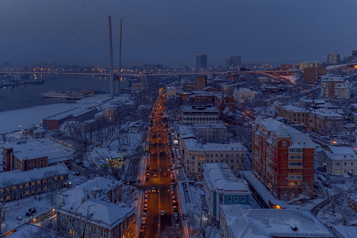 зима, море, порт, снег, город, владивосток, приморье, утро, рассвет, дороги, автомобили, архитектура, Антон Блохин