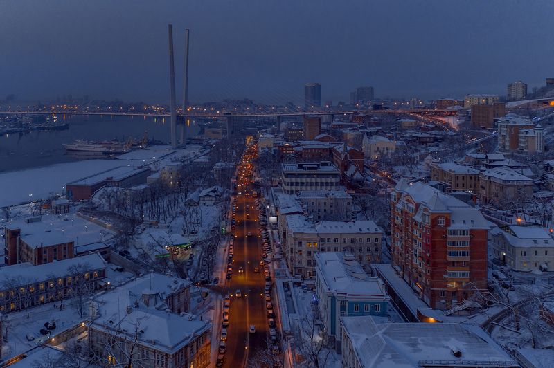 зима, море, порт, снег, город, владивосток, приморье, утро, рассвет, дороги, автомобили, архитектура Рассвет в городе \