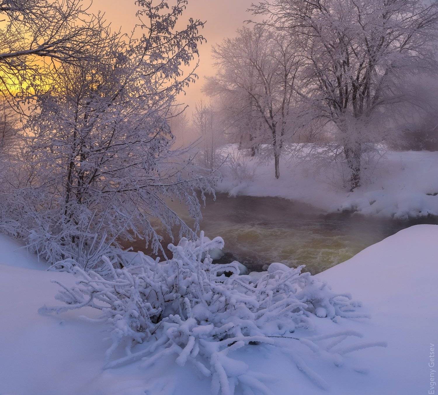 зима, холод, туман, река, закат, снег, Евгений Гецев