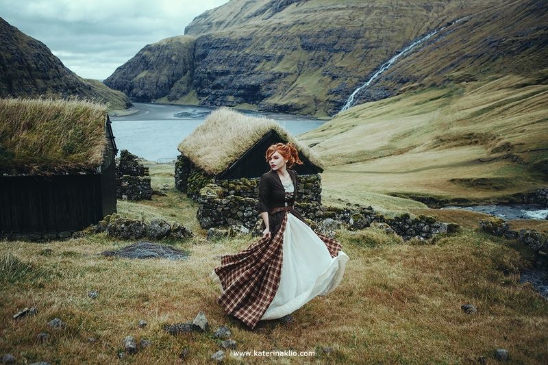 faroe, island, portrait, village, free, air, freedom, country, green, ecological, calm, model, woman, dress, Faroe Village фото превью
