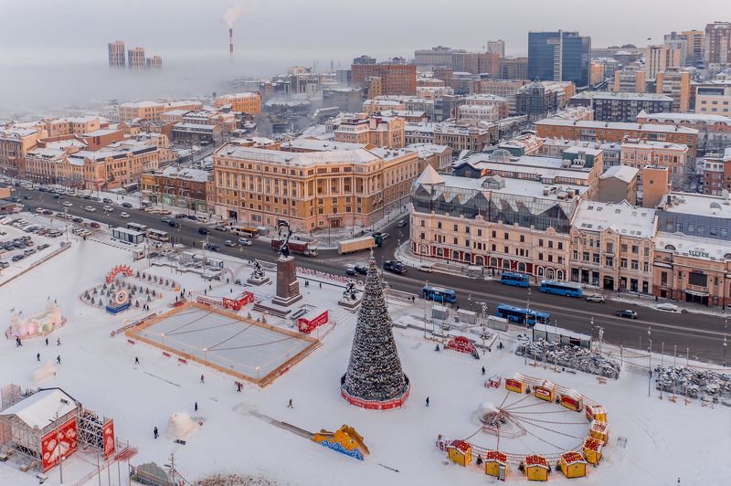 зима, снег, город, владивосток, приморье, утро, рассвет, дороги, автомобили, архитектура На рассвете фото превью