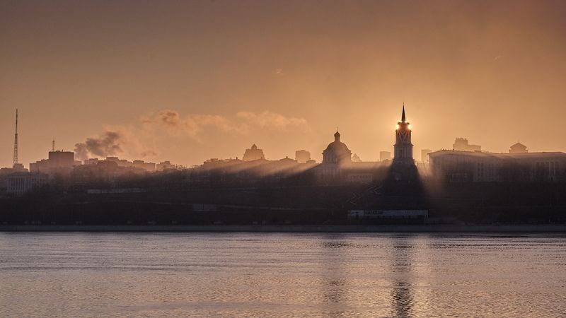 пермь, река, туман, рассвет, силуэт, лучи Туманное утро фото превью