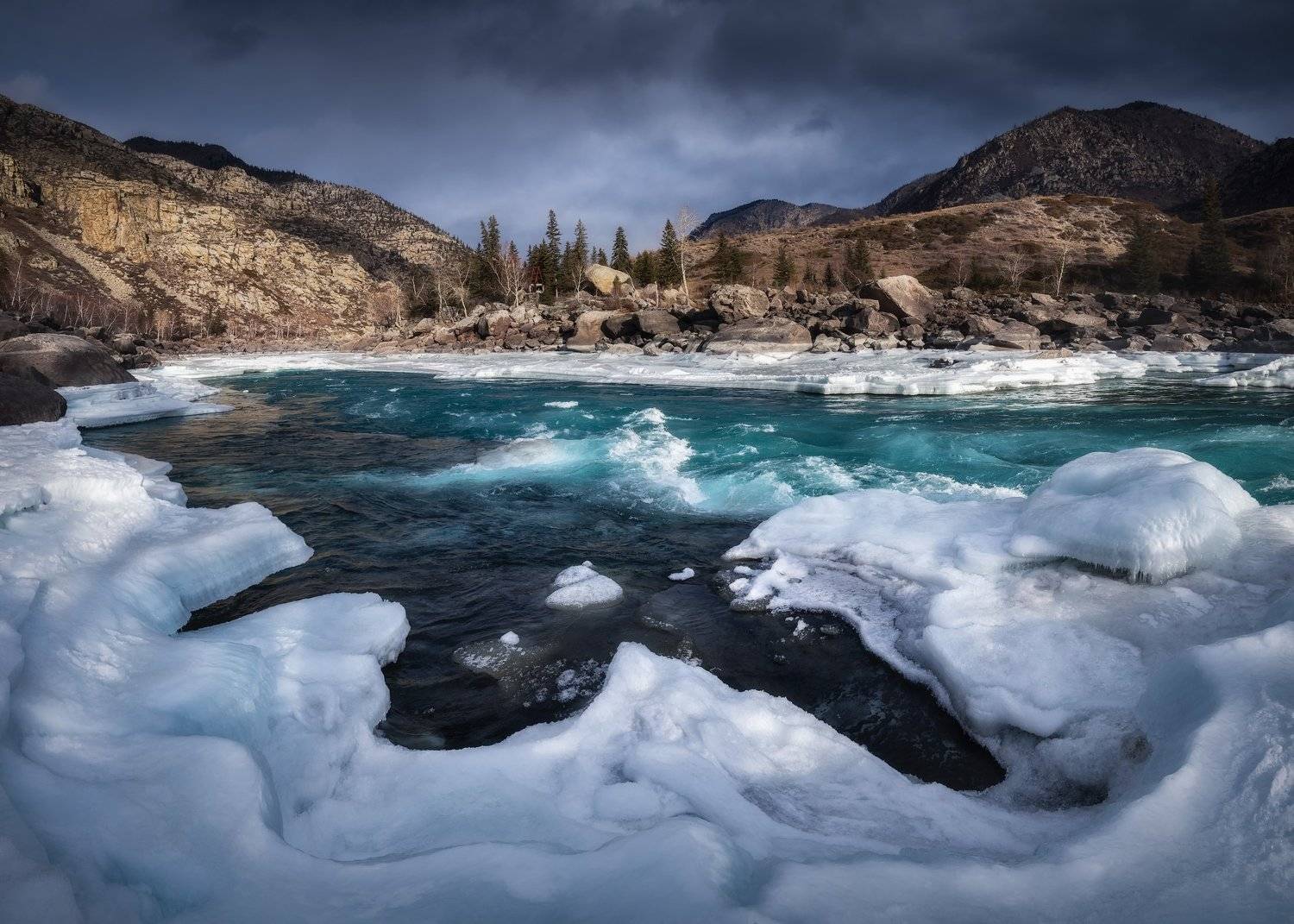 алтай, горный алтай, зимний алтай, алтайская зима, онгудайский район, январь, зима, горная река, катунь, ильгуменский порог, течение, речной порог, горы, лёд, Алена Рубан