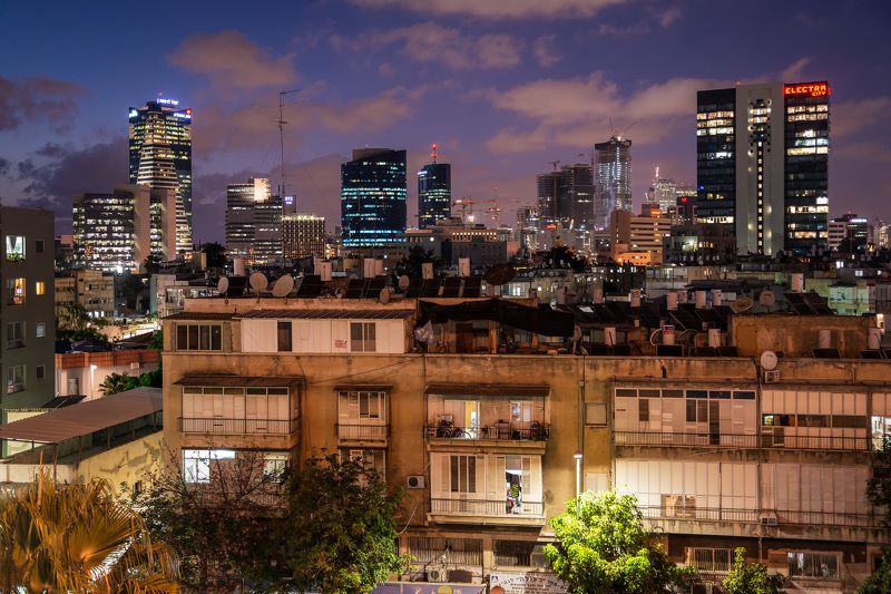 telaviv israel night skyscraper city summer lights Tel-Aviv background. фото превью