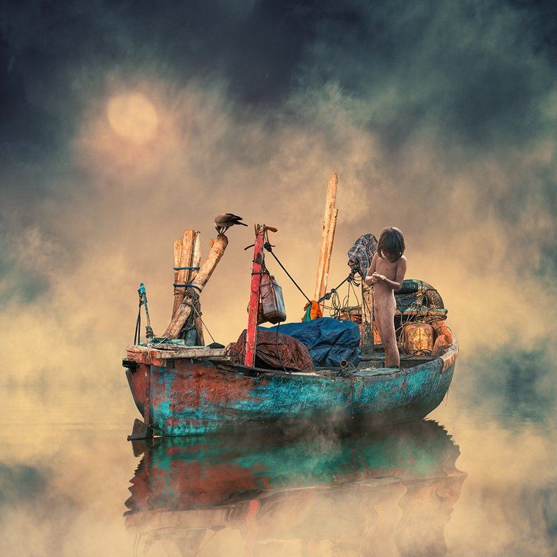 boar, clouds, fish, fisherman, fishing, gem, gold, manipulation, photoshop, psd, reflection, sky, tutorials, water, bird, boat, can, crow, girl, line, red, tire, wood Alone in the world фото превью