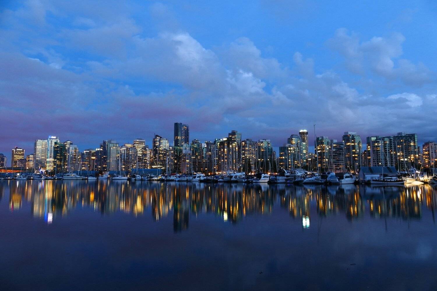 city/architecture, night, canada, vancouver, reflection, skyscrapers, light, colors, travel, clouds, blue, hour, water, sky, cityscape, Svetlana Povarova Ree