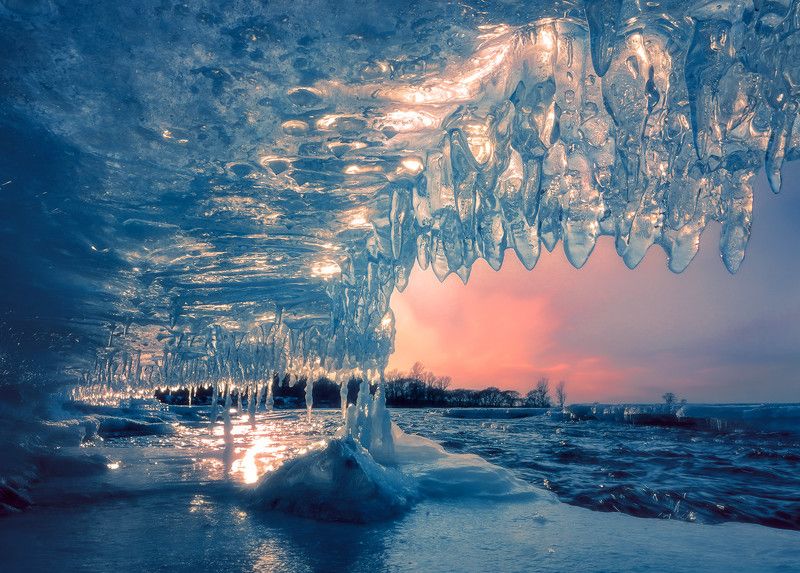 река, лёд, закат, природа, зима,  Зимний пейзаж фото превью