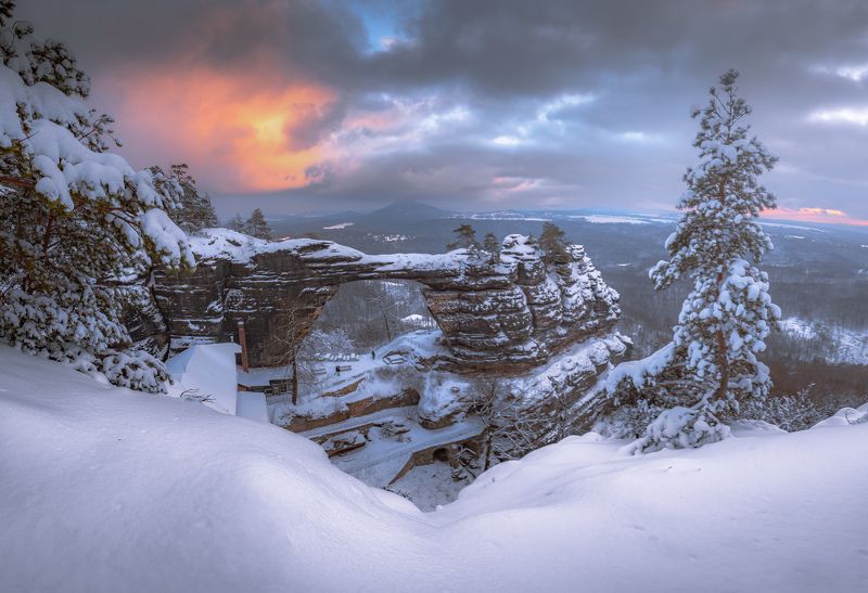 Sunset, landscape, winter, snow, sun, light, nature, czech republic, bohemian  Pravčická gate фото превью