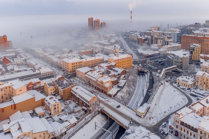 зима, снег, город, владивосток, приморье, утро, рассвет, дороги, автомобили, архитектура Город просыпается фото превью