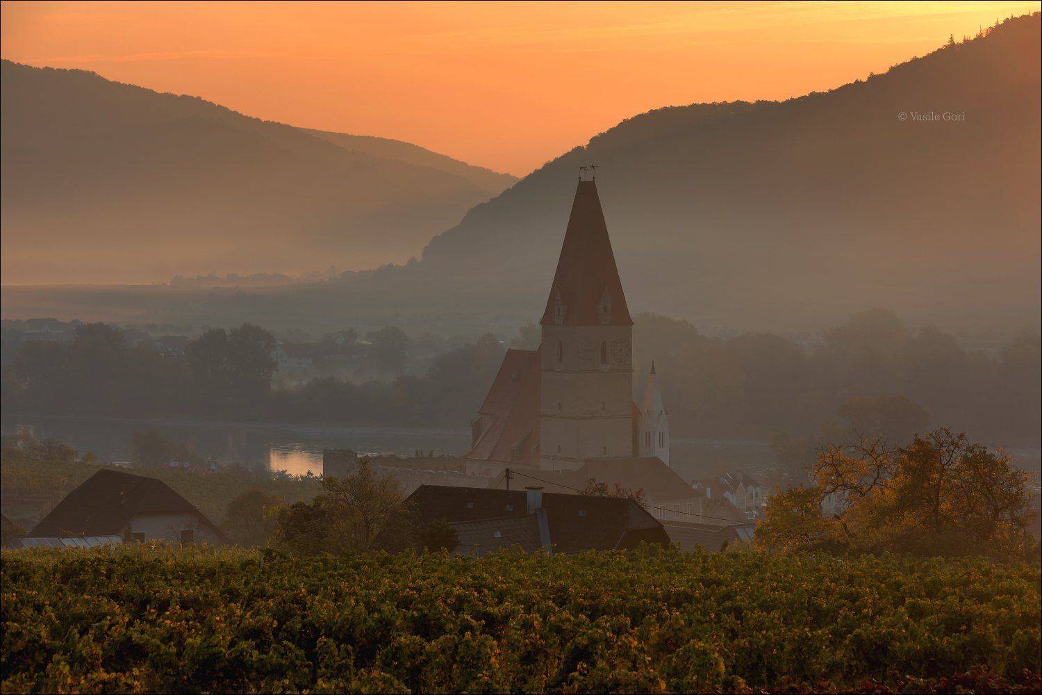 австрия,wei&szlig;enkirchen,осень,белая церковь,wachau,&ouml;sterreich,виноградники,morning,colors,fog, Василий Гори