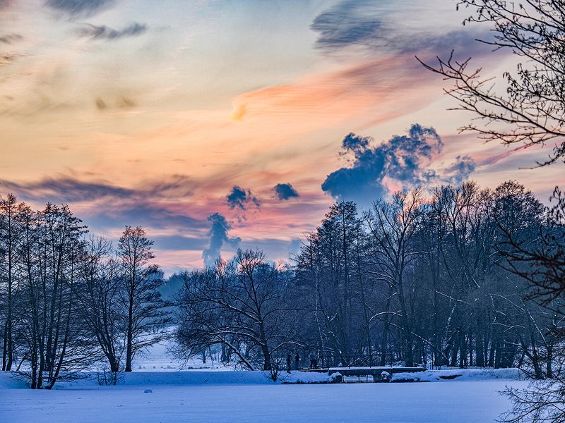 зима, вечер, снег, закат февральские сумерки фото превью