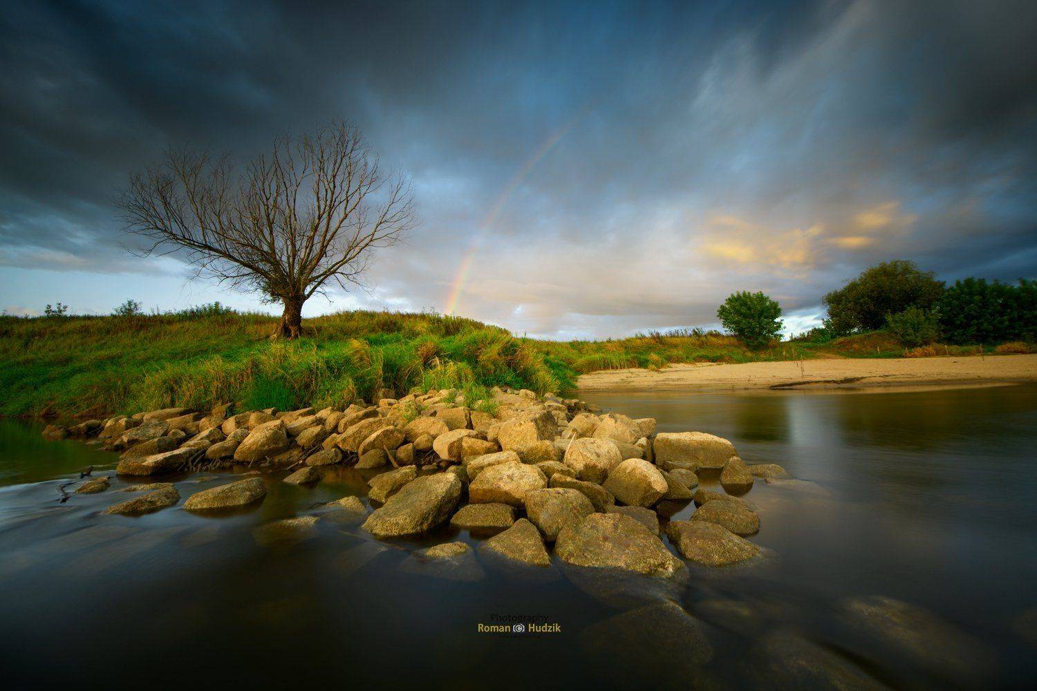   the Vistula River, clouds, landscape, stones, water, rainbow, Roman Hudzik