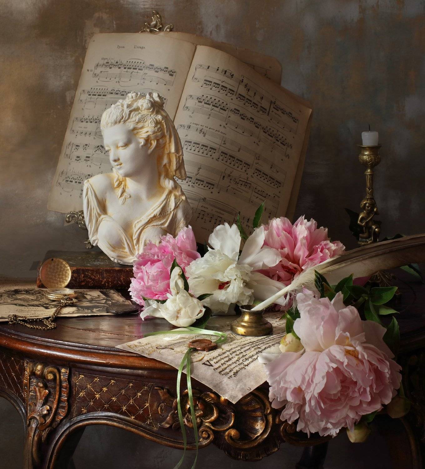 цветы, пионы, свеча, девушка, бюст, скульптура, Андрей Морозов