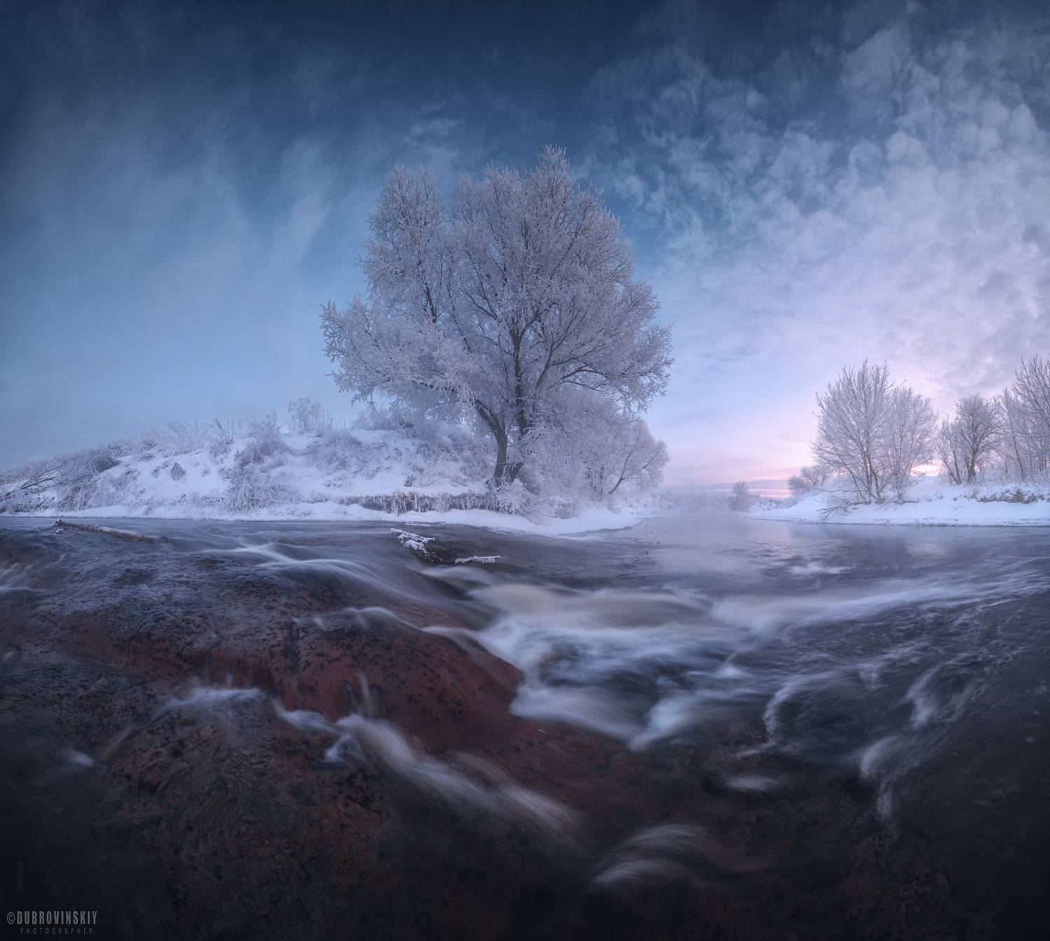 река, дерево, перекат, мороз, иней, рассвет, подмосковье, Михаил Дубровинский