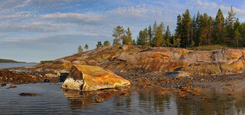 Белое море, Берег, Карелия, Лето, Скалы Вечер на Белом фото превью