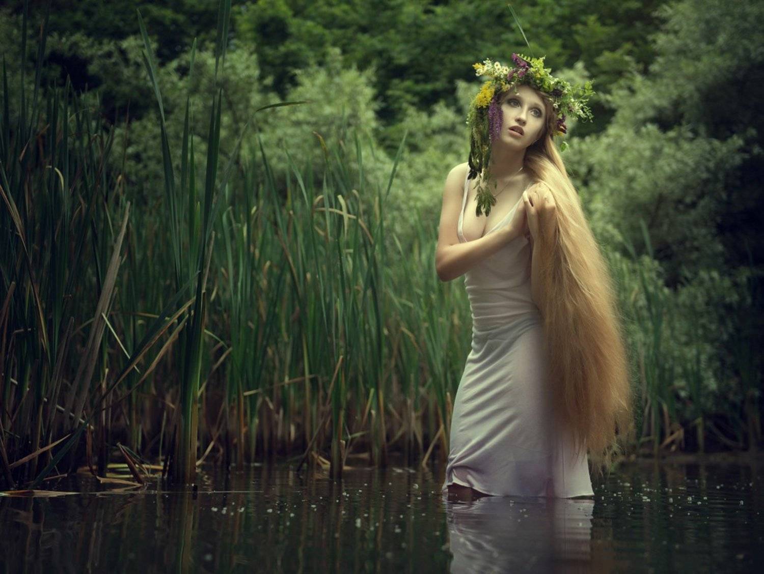 Болото, Вода, Волосы, Девушка, Камыш, Пруд, Иван Кривко