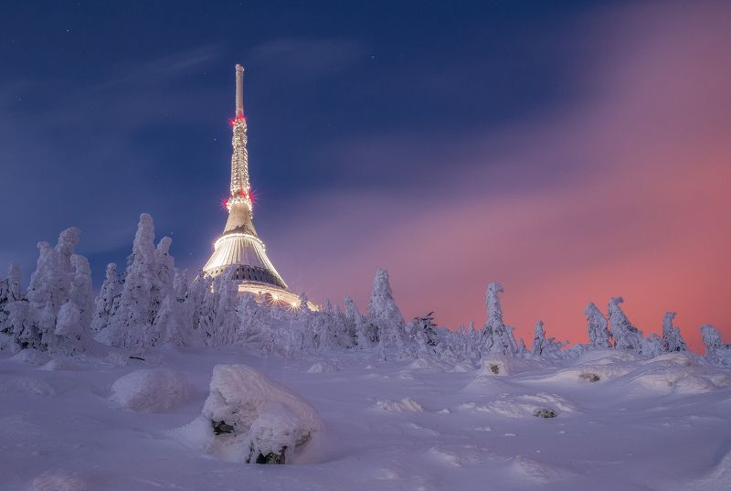 Ještěd, hory, mountains, sníh, snow, frost, mráz, cool, cold, color, sky, stars. Ještěd фото превью