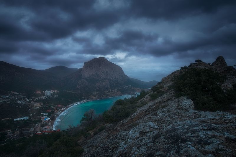 море, крым, горы, рассвет, синий, зеленый,  Зимний рассвет в Новом Свете фото превью