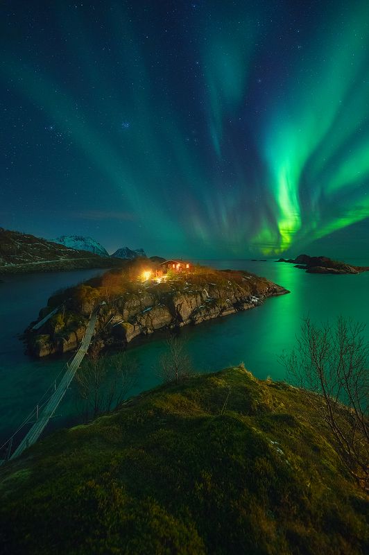 norway, night, aurora, borealis, landscape, sea, island  hamn фото превью