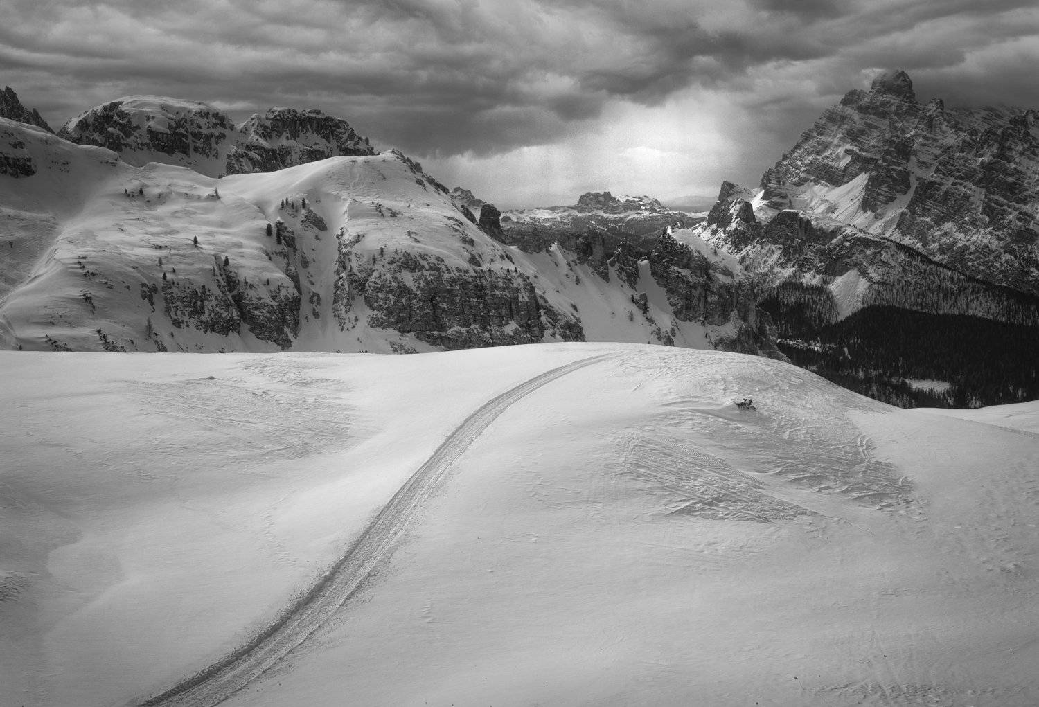 landscape, Dolomites, road, winter, dramatic, mountains, moody, Vjacheslav Simanovich