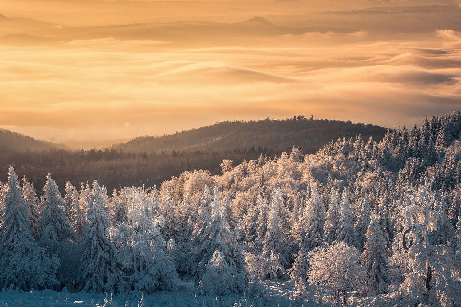 Sunrise, landscape, winter, snow, sun, light, nature, czech republic, fog, mist, Lubo&scaron; Prchal