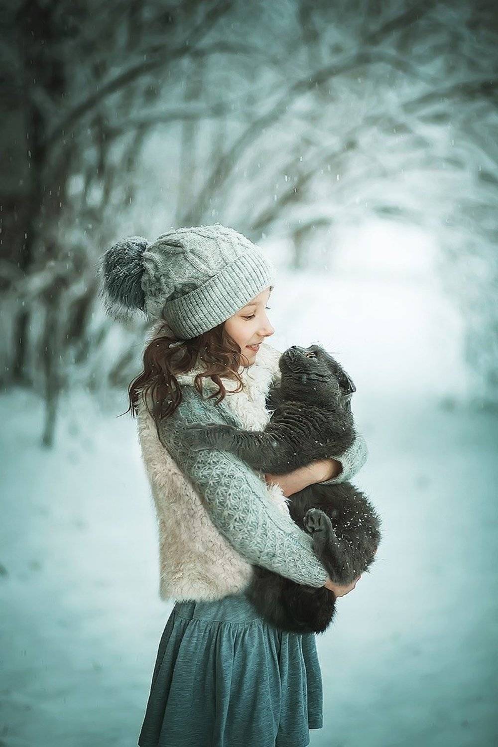 кот, кошка, снег, зима, девочка, портрет,, Мила Шелест