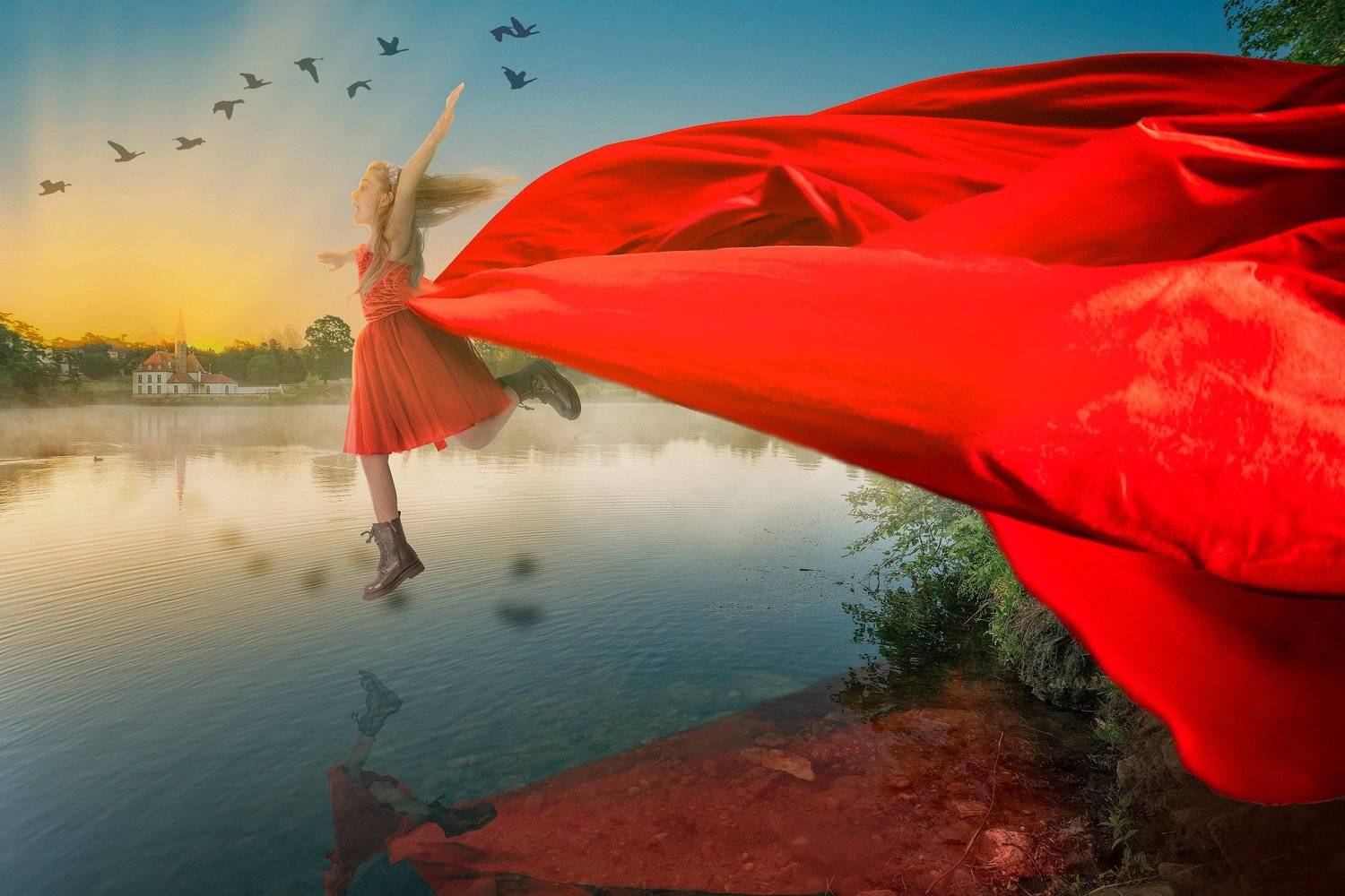 девочка, платье, озеро, прыжок, Николай Сизиков