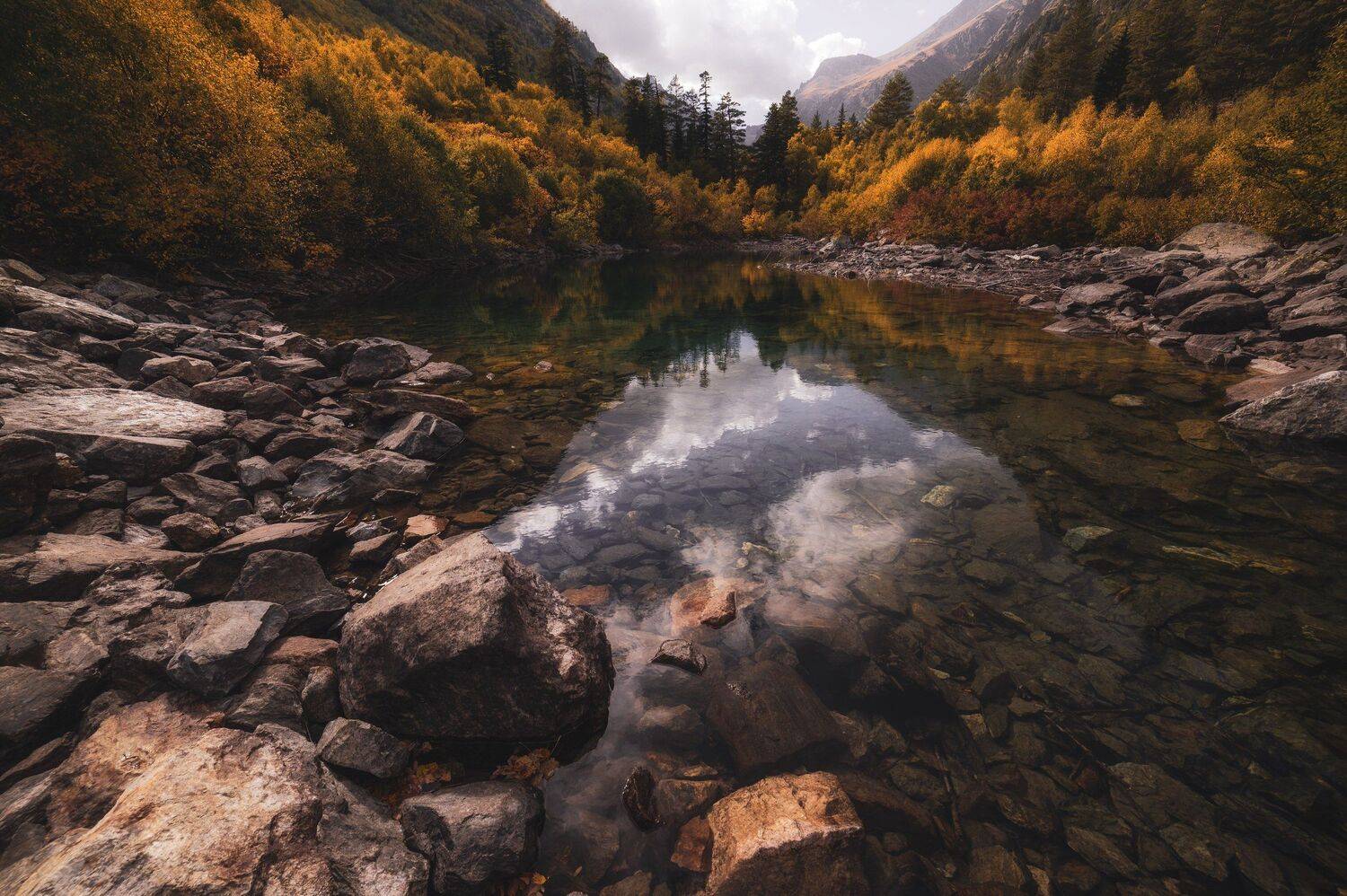 dombay mountains snow cloudly landscape  autumn peak rock lake forest reflection leaves, Егор Бугримов
