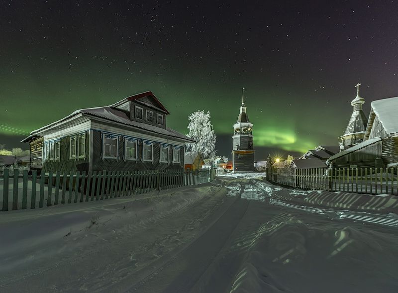 архангельская обасть, ночное фото, деревня, русский север, северное сияние Конецдворье фото превью