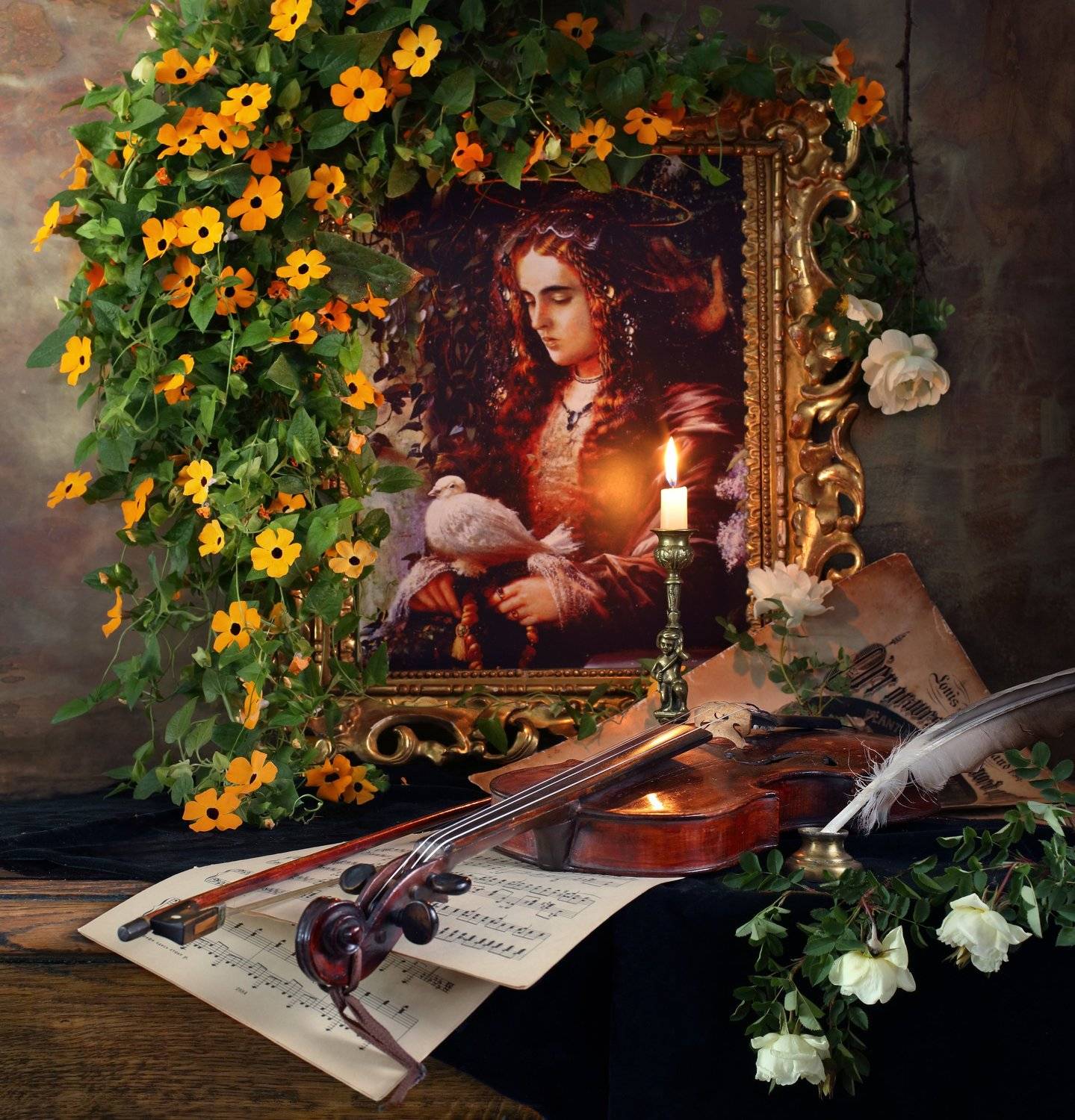 цветы, тунбергия, розы, скрипка, музыка, свеча, девушка, картина, Андрей Морозов