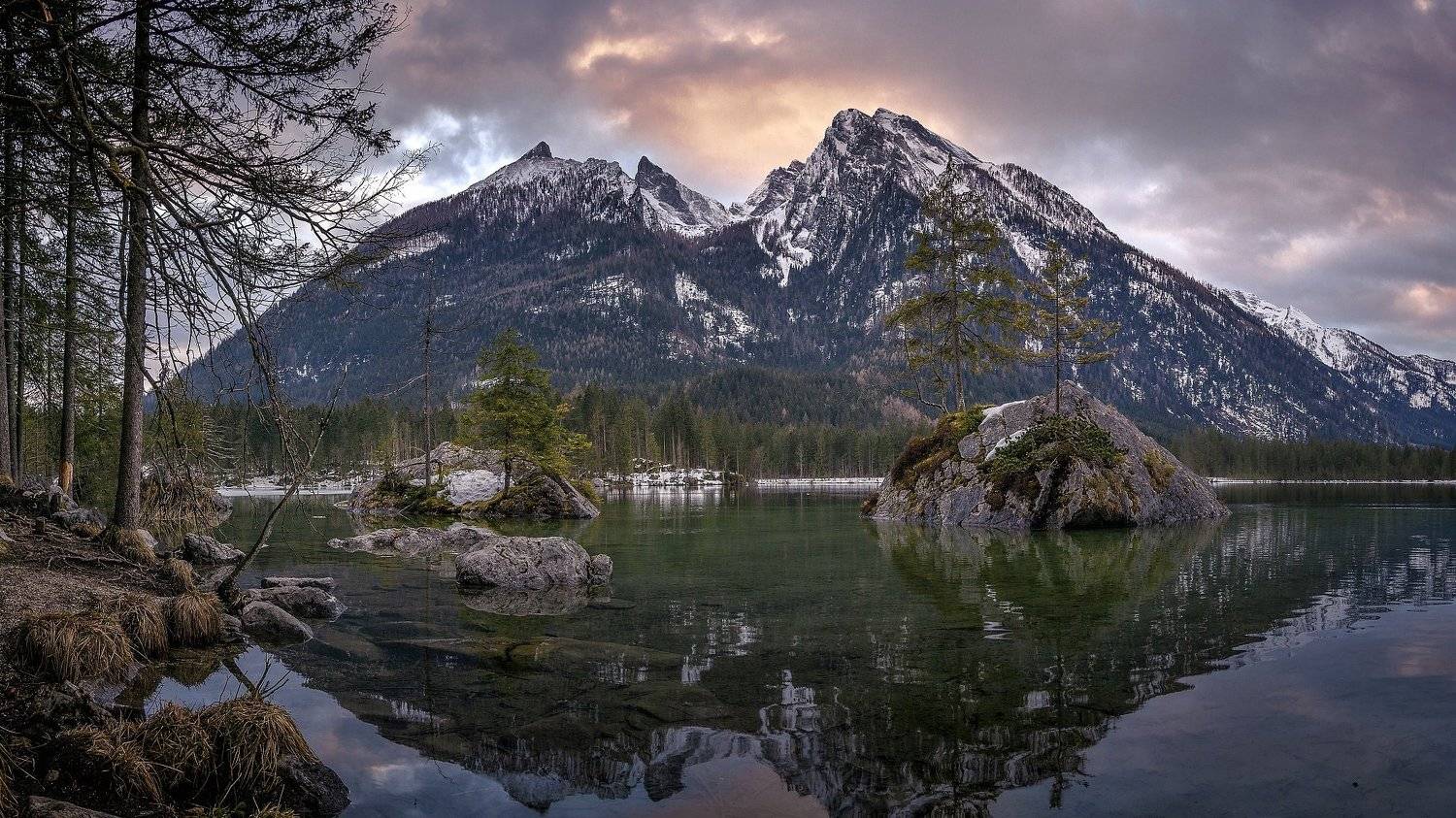 озеро, горы, острова, облака, небо, восход, hintersee, Олег Мильбергер