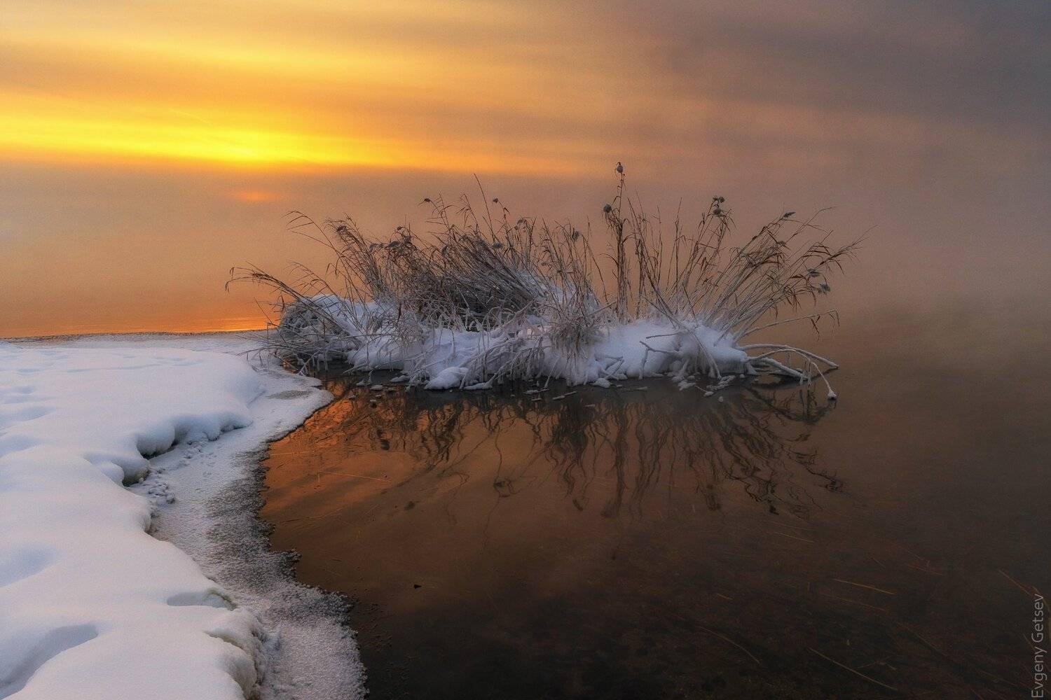 вода, закат, камыш, Евгений Гецев