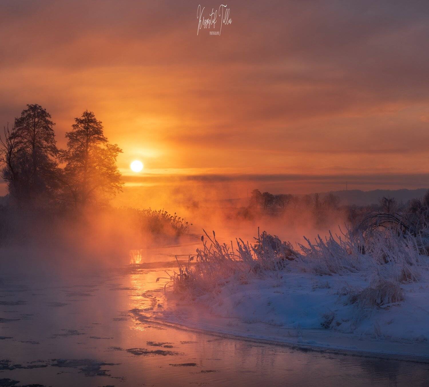clouds, sky, light, Gwda river, nature, dawn, trees, frost, nikon, reflection in the water, winter, fog, snow, sunrise, landscape, atmosphere, Krzysztof Tollas