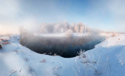 Иж, зима, мороз, туман, зимняя река, на реке, морозное утро