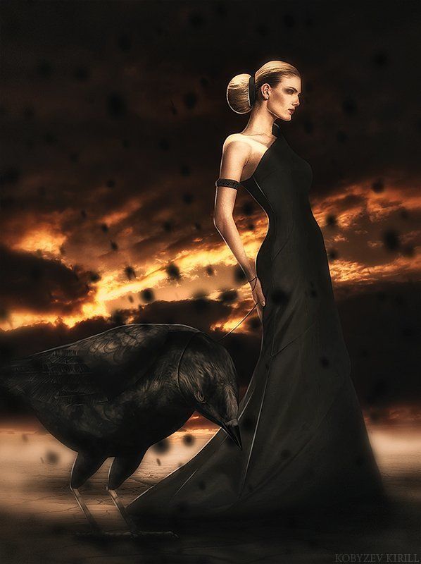 Ворон, Ворона, Девушка, Дождь, Коллаж, Модель, Фотошоп, Чёрное платье Ворон фото превью