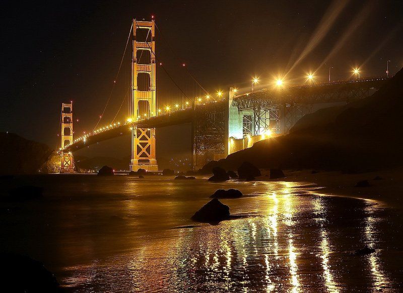 golden, gate, bridge, at, night  фото превью