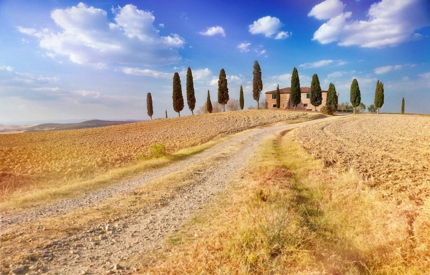 Вила, Дорога, Италия, Кипарис, Небо, Облака, Пейзаж, Поле, Природа, Тоскана, Воробей Дмитрий