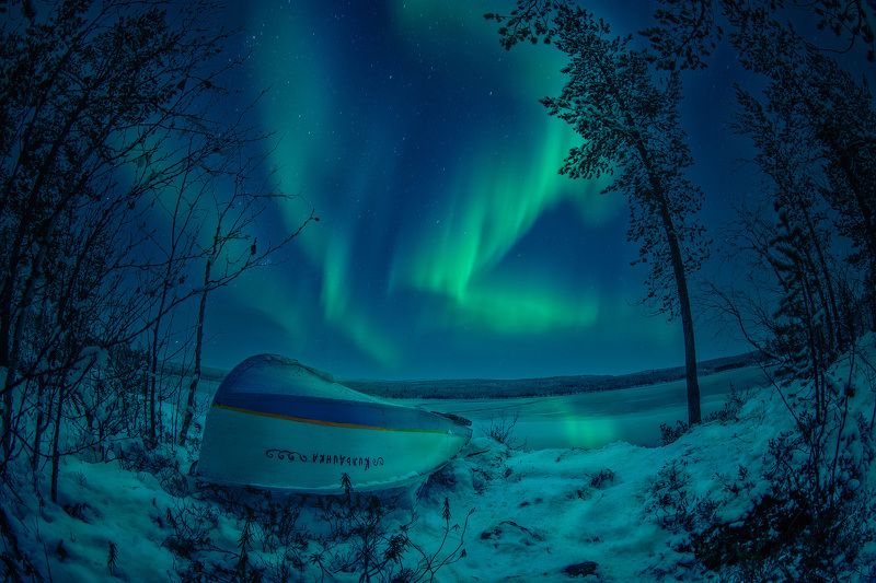 лодка, ночь, озеро, северное сияние, зима, снег Boat фото превью