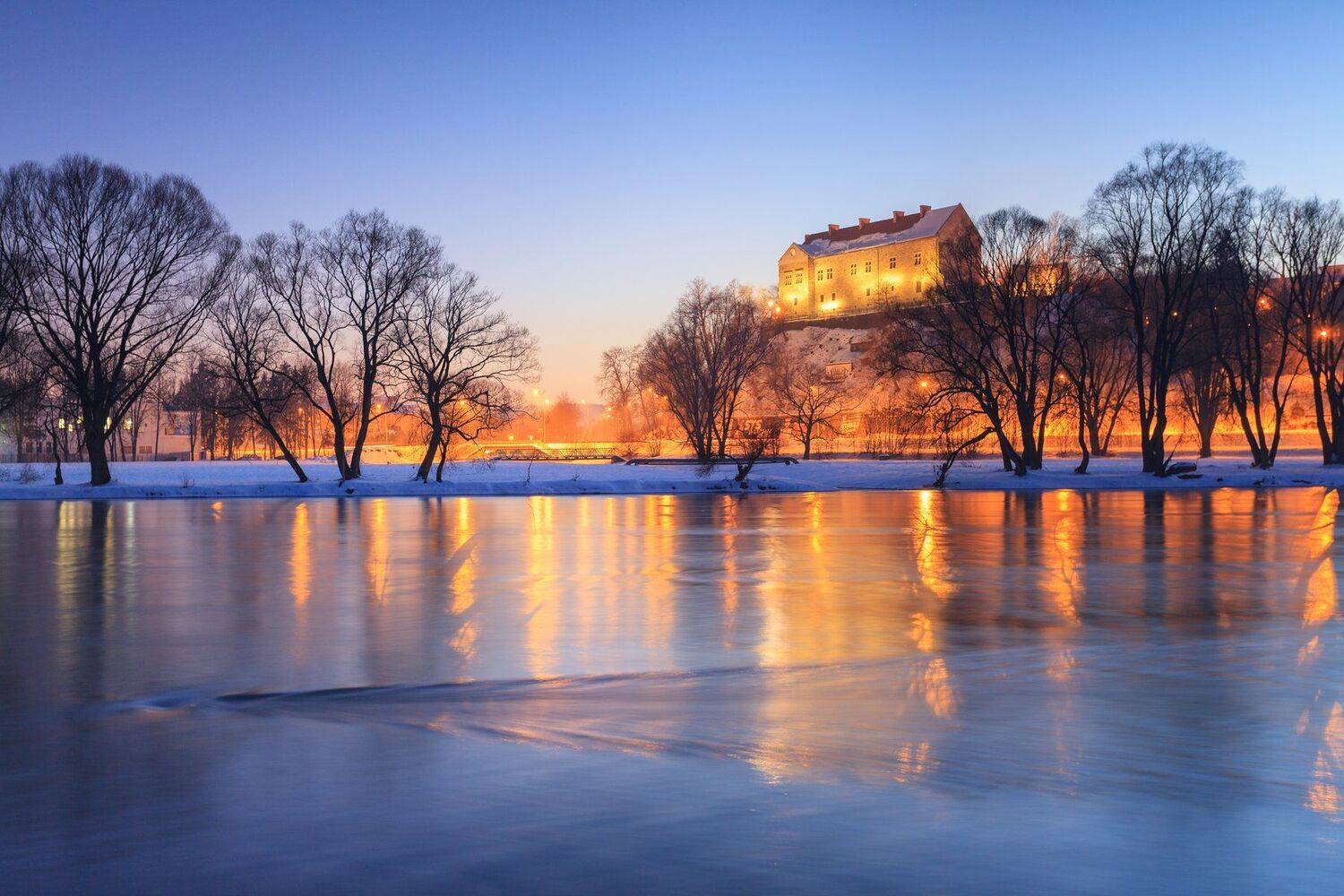 sanok, castle, poland, night, sky, river, san,,  Mirek Pruchnicki