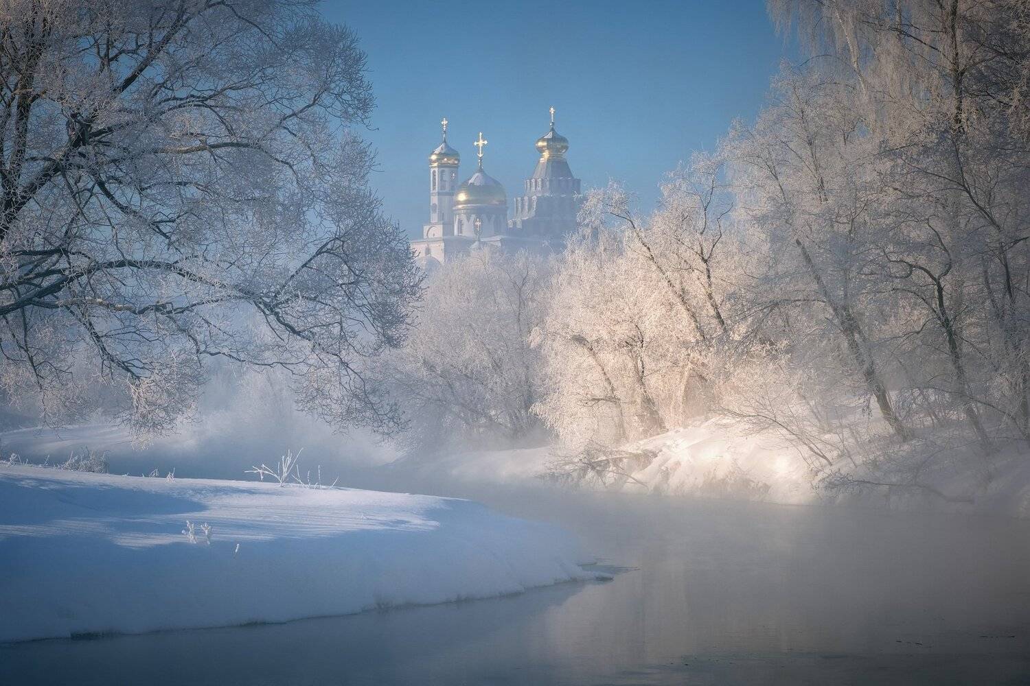 зима, мороз, истра, река, монастырь, пар, туман, деревья, снег, Андрей Чиж