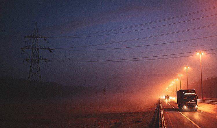 Дорога, КАД, Ночь, Пейзаж, Петербург, Питер, Санкт-петербург, Свет, Спб, Туман, Фонари, Дмитрий