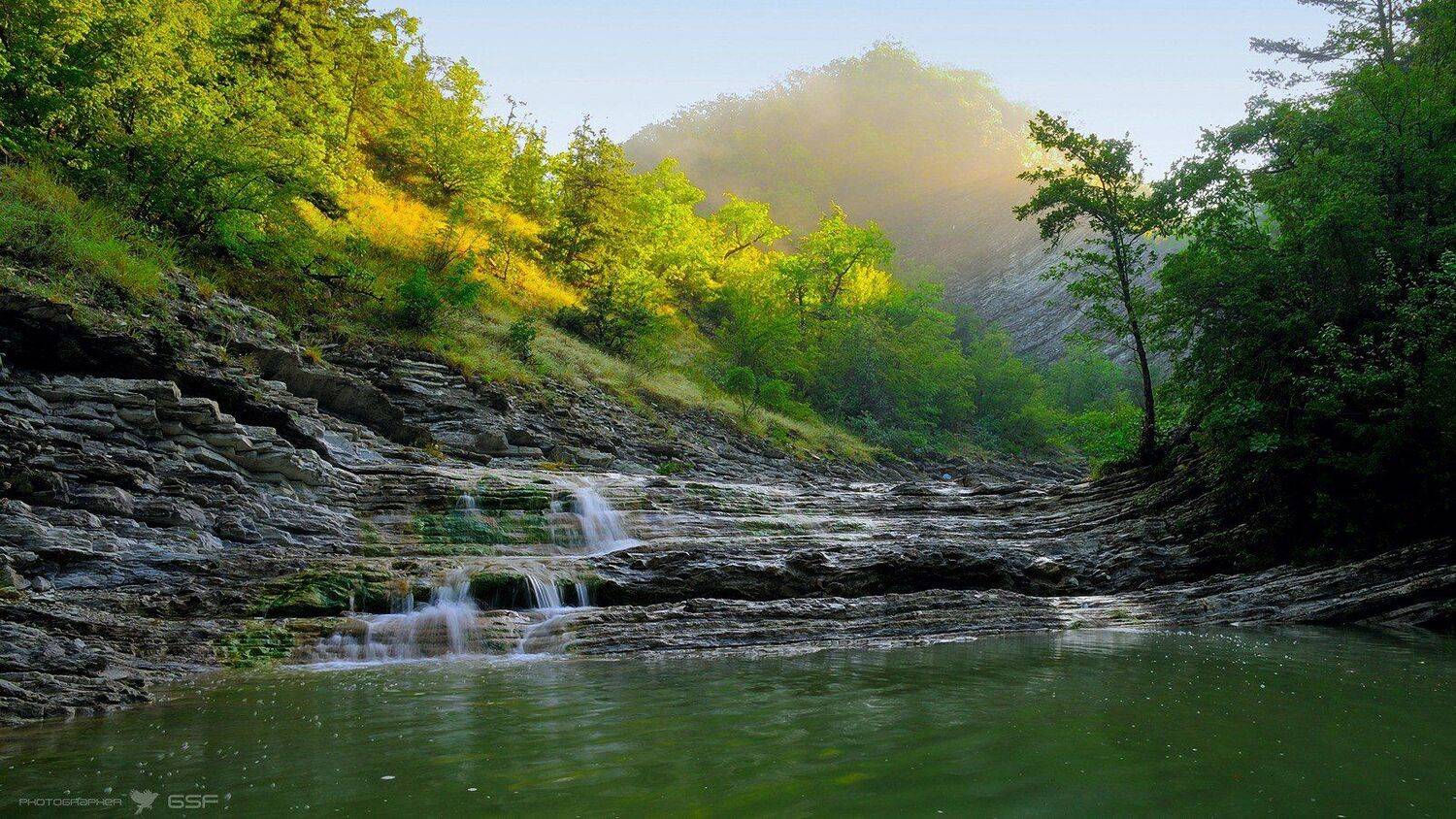 река, водопад, лес, утро, туман, лето, Serj Master