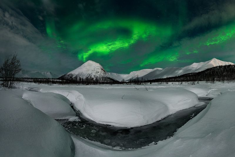 хибины, аврора, полярное сияние, северное сияние, горы, ночь, север, кольский Февральская ночь в Хибинских горах фото превью