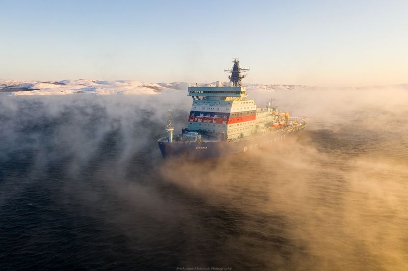 заполярье, мурманск, кольский залив, ледокол, закат, судно \
