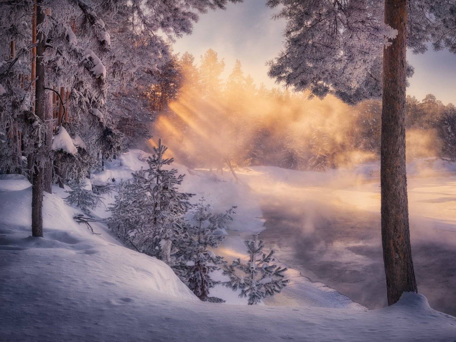 река, зима, солнце, туман, Дмитрий Медянцев